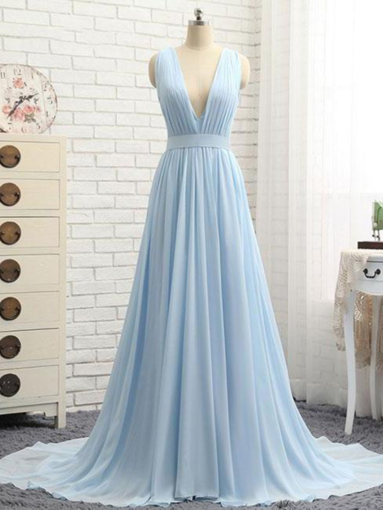 Back Sky Blue Chiffon Long Prom Dresses ...